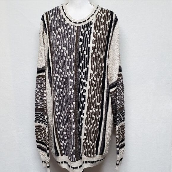 VINTAGE 1980s SW Casuals Barcode Corded Cream Brown Crewneck Knit Sweater 3XLT - Picture 2 of 11